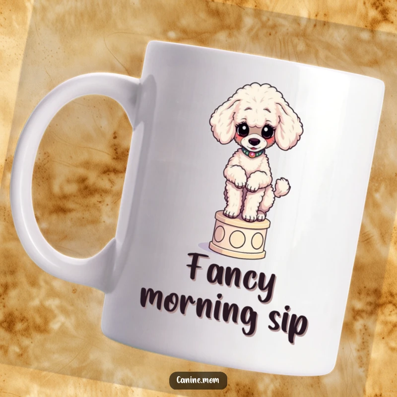 Funny Poodle Pedestal Mug: A curious poodle elegantly poses atop a tiny pedestal, showcasing refined humor.