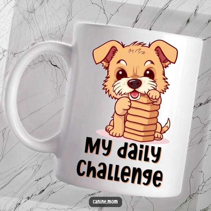 Funny mug showing a mischievous terrier attempting to balance a tall stack of dog biscuits, showcasing focus and playful intent.