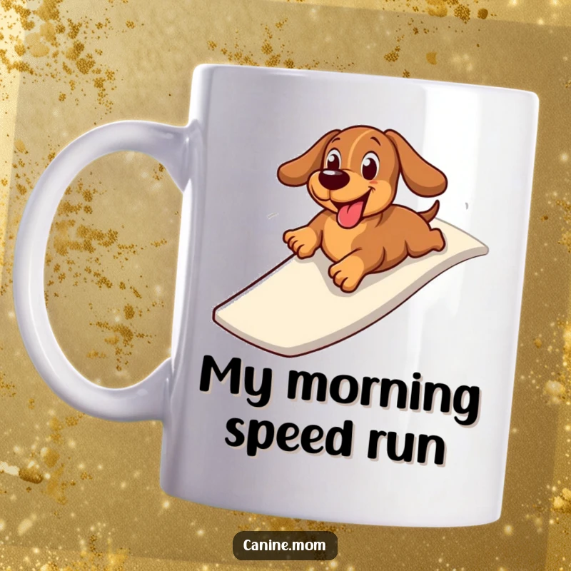 Funny mug featuring a cheerful dachshund sledding down a slide on its belly, showcasing pure canine delight and a love for adventure.