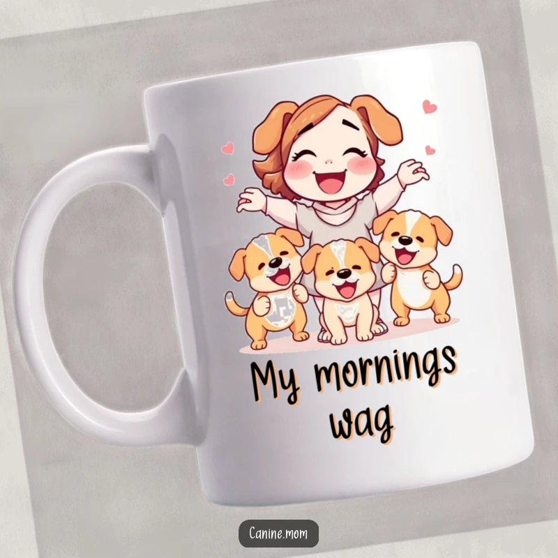 Funny dog lady mug gleefully juggling three wagging puppies, showcasing the joyful chaos of dog ownership.