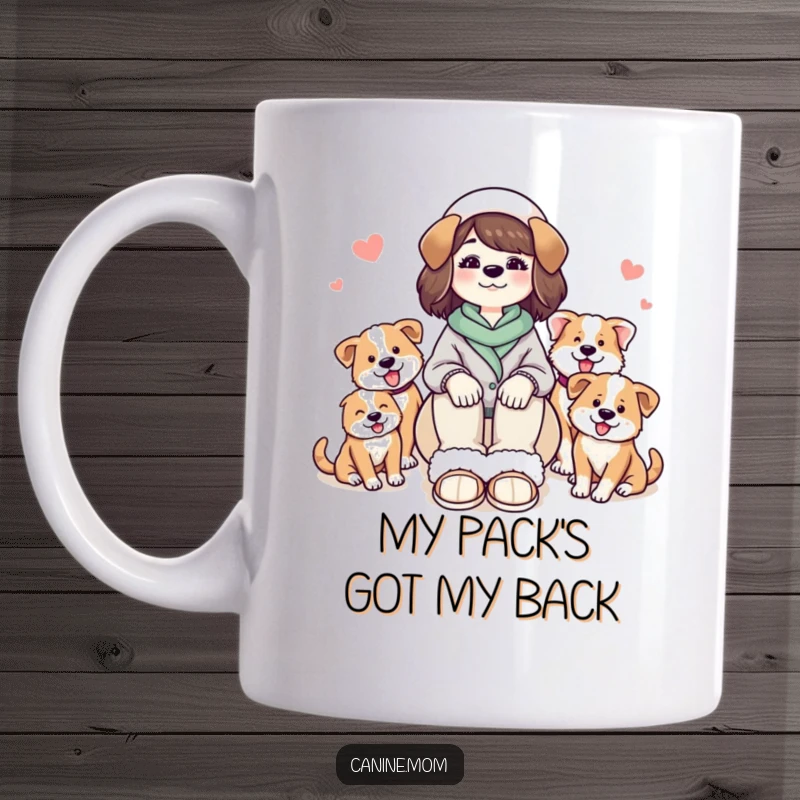 Funny dog lady in cozy slippers, happily surrounded by a pack of adoring, smiling dogs, a relatable and humorous scene.