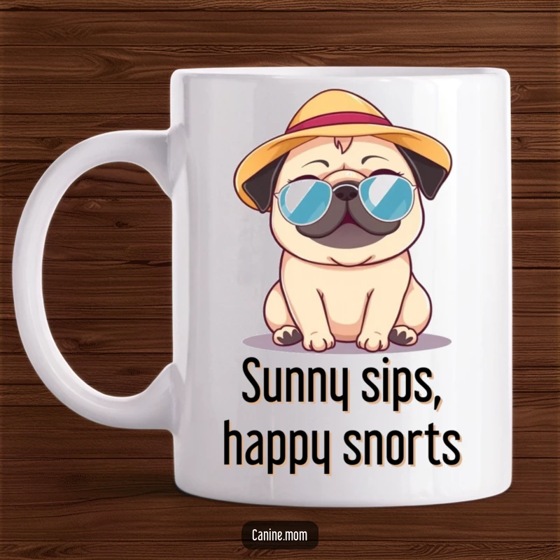 Funny Pug Mug: A happy pug wearing a tiny sun hat, basking in the warmth of a beautiful day. A lovely funny gift.