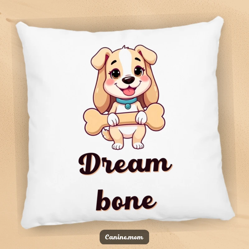 Funny dog lady pillow featuring a cheerful woman holding a comically giant dog bone. Adds a playful and humorous touch to any room.