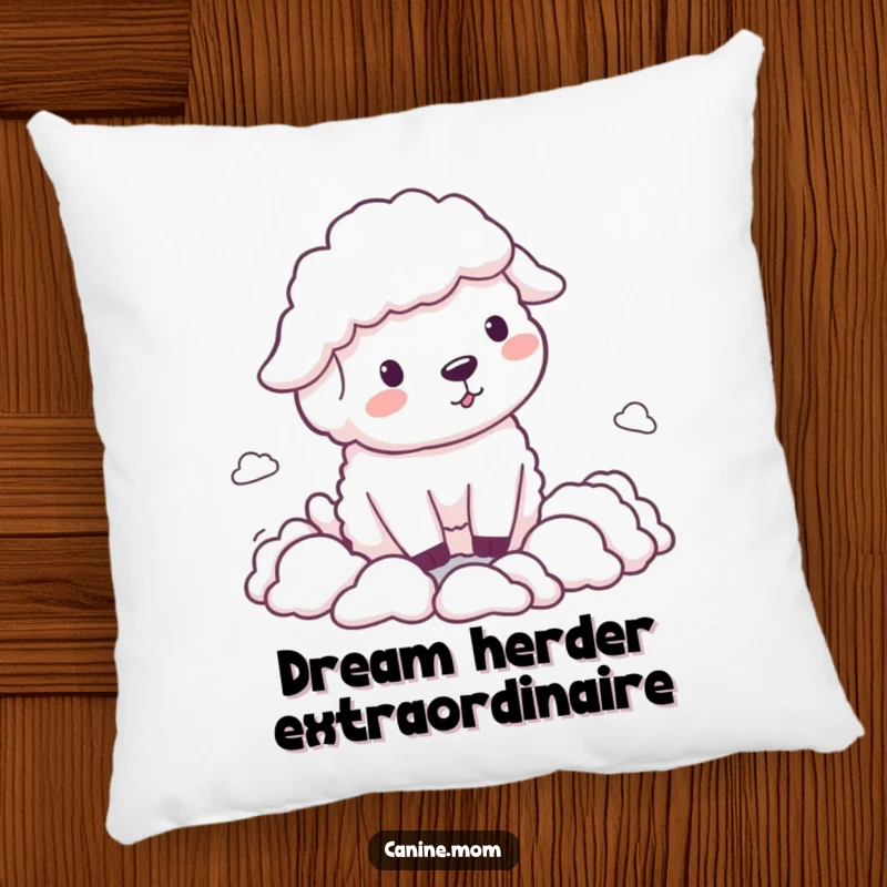 Funny Sheepdog Pillow, playfully herding soft, cloud-like shapes with a happy expression, adding cozy humor to any room.