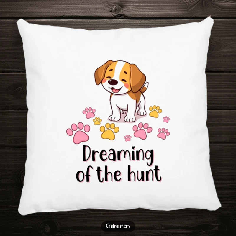 Funny Beagle pillow featuring a smiling dog happily sniffing a trail of giant, colorful paw prints, offering cozy comfort and humor.