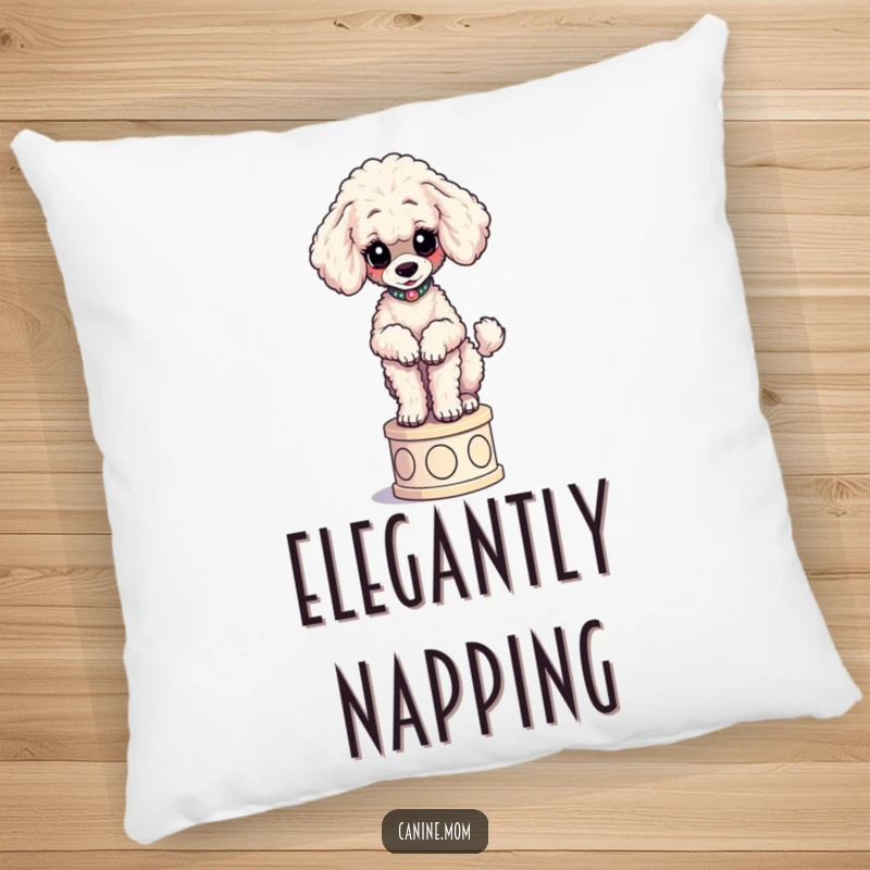 Funny Poodle Pillow: A curious poodle elegantly poses atop a small pedestal, designed for comfort and fine taste.