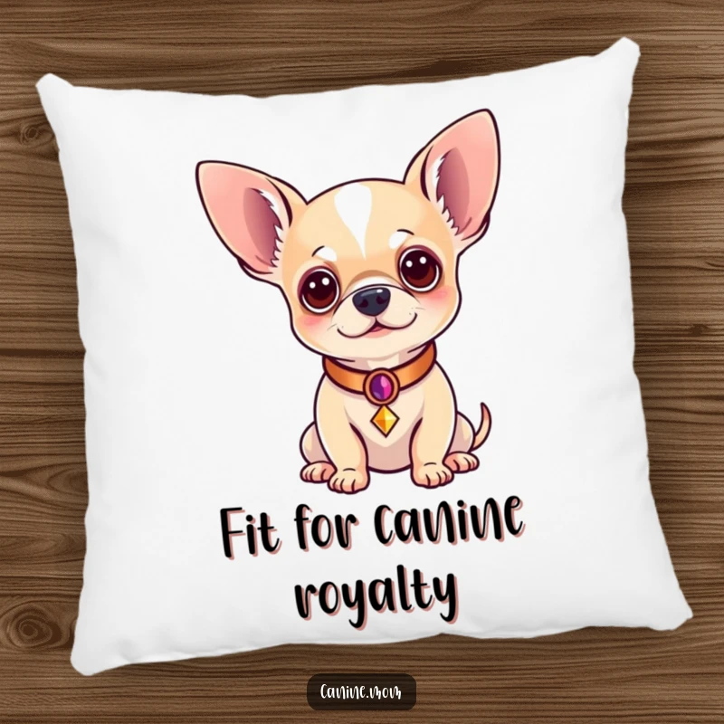 Funny Chihuahua Pillow: A very regal chihuahua, adorned with a decorative collar, sits proudly. A great funny gift for dog moms.