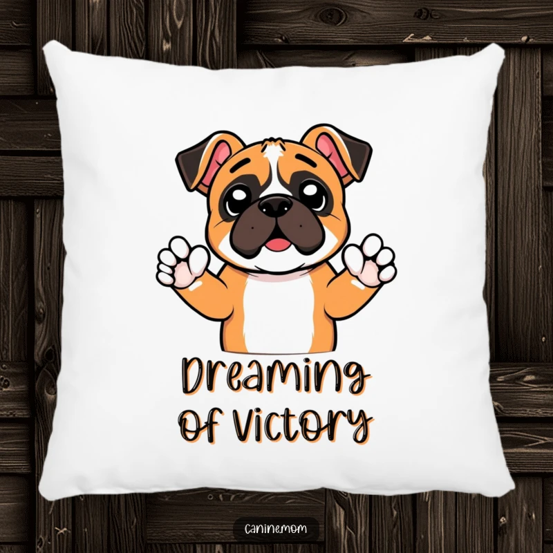 Funny pillow showcasing an excited boxer dog raising tiny paws in a cheer, designed for comfort and energetic humor. An adorable accent.