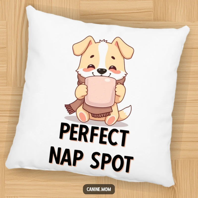 Funny pillow with a joyful dog in a cozy scarf, happily sipping from a large mug, providing comfort and a cheerful touch.