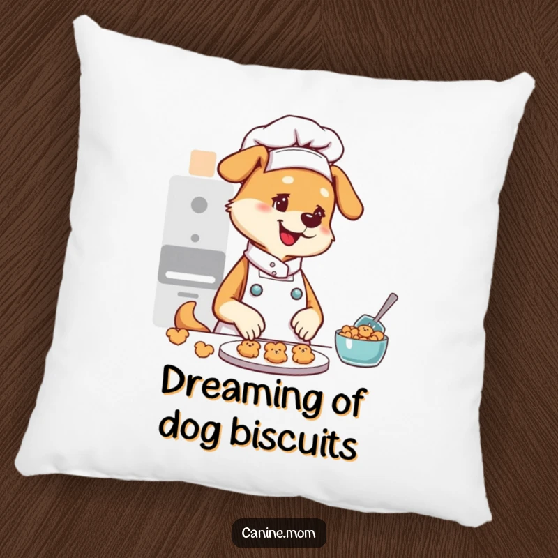Funny pillow featuring a charming dog lady in a chef hat, surrounded by tiny, delicious-looking dog cookies, perfect for a cozy nook.