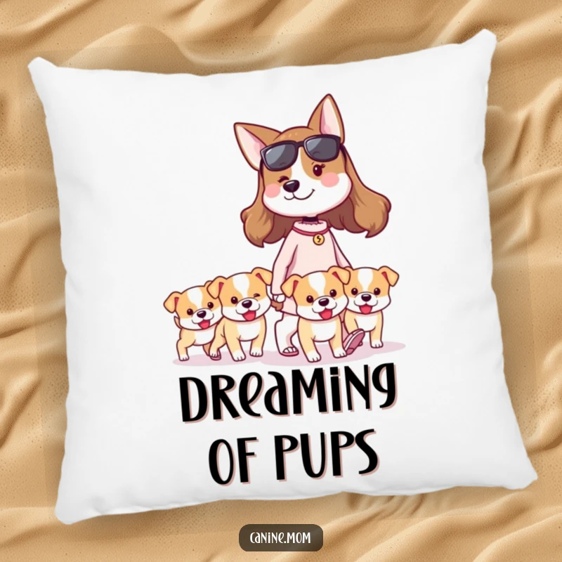Funny dog lady pillow featuring a proud woman walking a group of tiny, cute puppies. Adds humor and comfort to any room for dog enthusiasts.