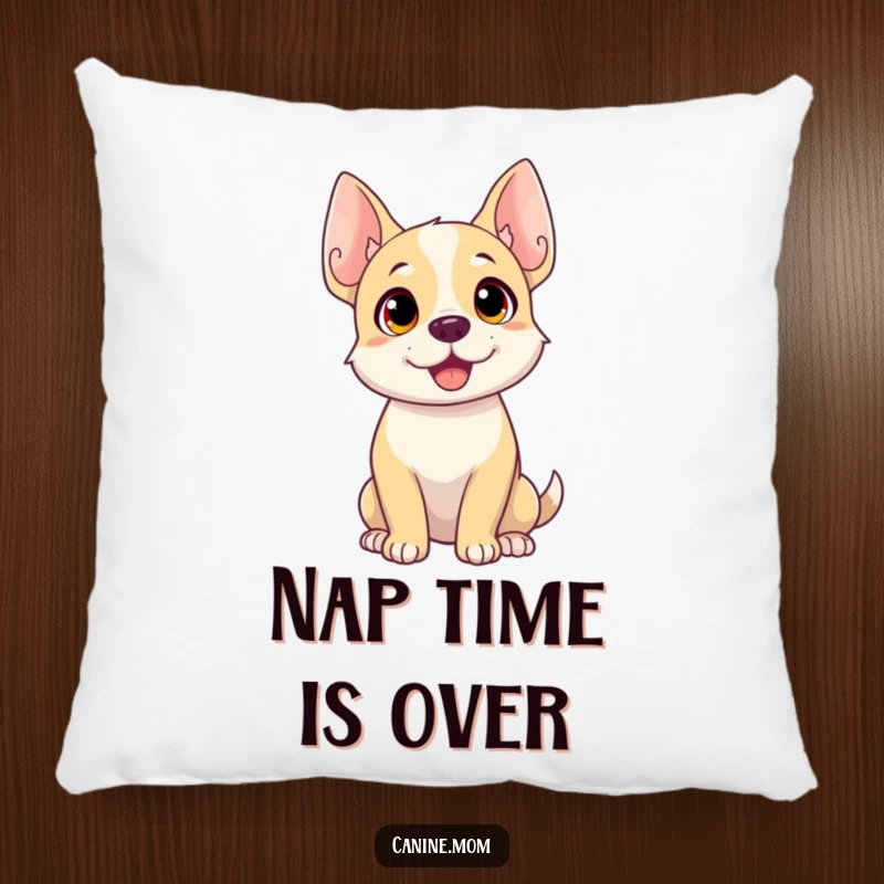 Funny dog pillow with a dog's head tilted, ears perked high, suggesting it's intently listening to something interesting.