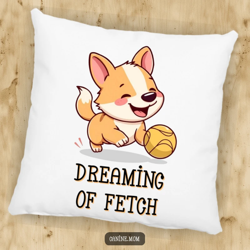Funny dog pillow with a cheerful dog's face, tail wagging, dreaming of chasing a bouncing ball, plush and inviting.