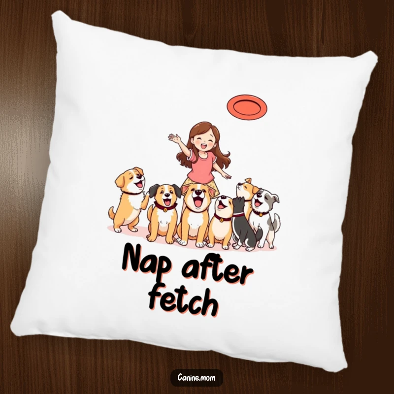 Funny Pillow: Woman happily throwing a frisbee, surrounded by excited dogs ready to catch it.