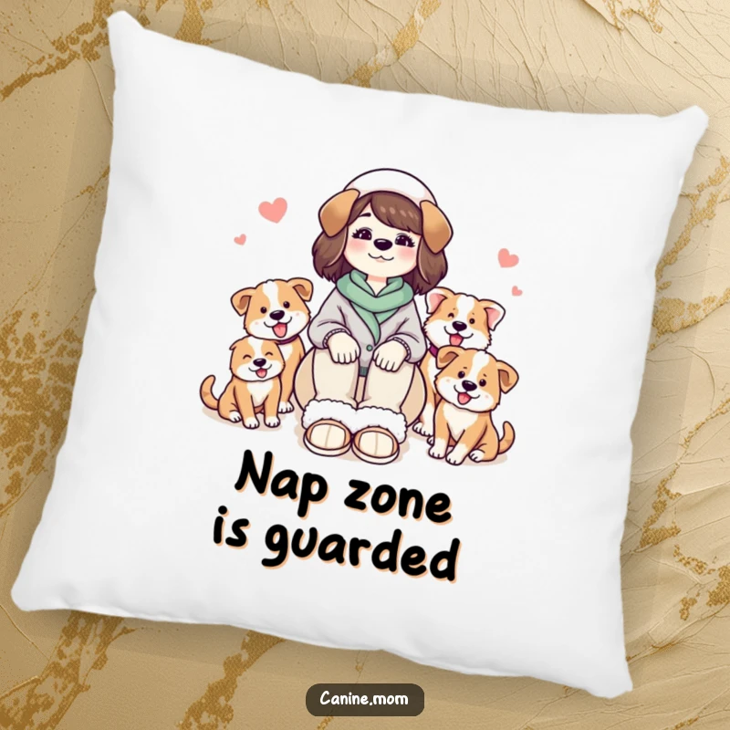 Funny decorative pillow with a dog lady in slippers, nestled among a playful and loving group of happy dogs.