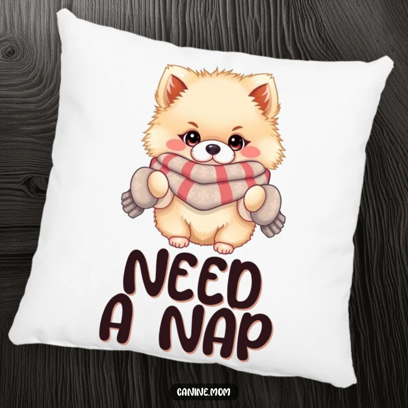 Funny pillow featuring a fluffy Pomeranian wearing a scarf and mittens, offering a soft and humorous touch to any room.