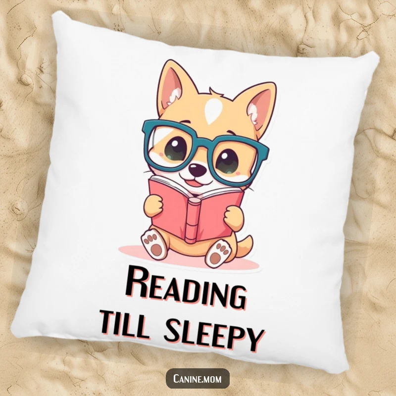 Funny dog pillow, soft and inviting, showing a cute dog wearing large glasses, absorbed in reading a book, a funny and comforting piece.