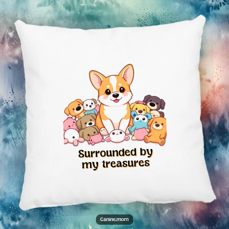Funny Corgi Pillow: A happy corgi is pictured sitting amongst a mound of colorful dog toys. A great funny gift.