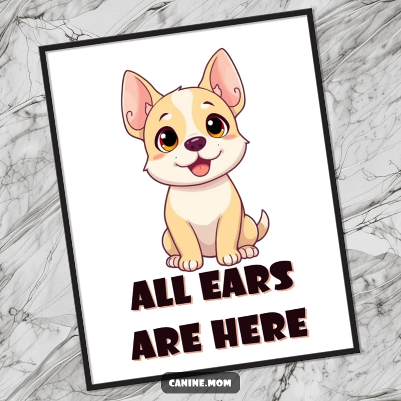 Funny digital art print of a dog with very prominent, perked-up ears, head tilted, showing intense focus and listening.