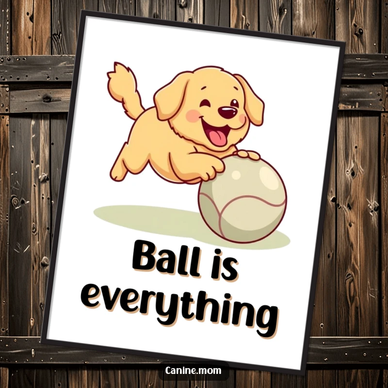 Funny Golden Retriever Digital Art: A happy dog energetically playing fetch with an enormous ball, ready to be printed and displayed.
