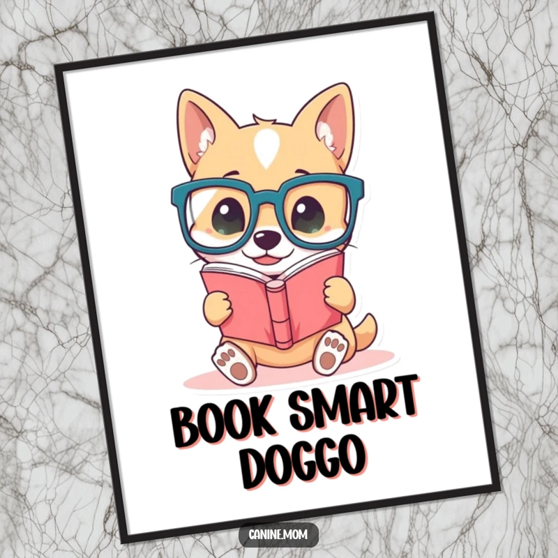 Funny dog digital art print, high resolution, depicting a cute dog wearing oversized glasses, engrossed in reading a book, perfect for humorous decor.