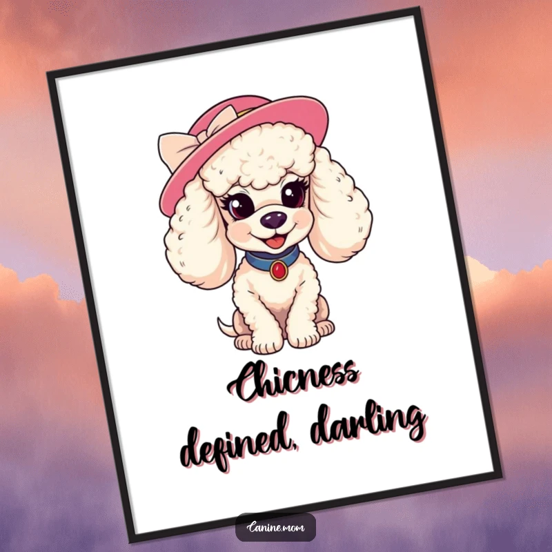 Funny poodle hat digital art. A stylish poodle wearing a fancy hat smiles coyly, creating a glamorous and humorous piece of downloadable art.