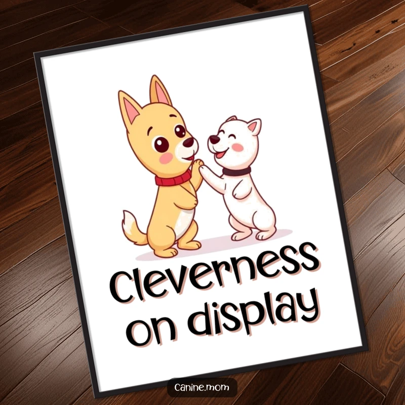 Funny kawaii dog lady character teaching a dog a trick, depicted as a humorous and inspiring digital art print.