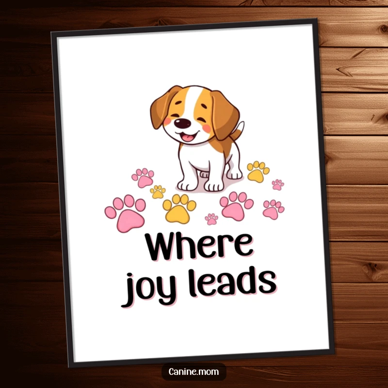 Funny Beagle digital art print of a smiling dog happily sniffing a trail of giant, colorful paw prints, embodying adventure and curiosity.
