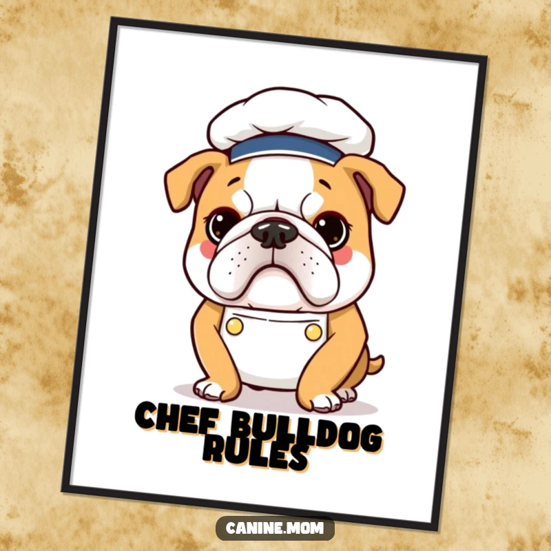 Funny Bulldog Chef Digital Art: A determined bulldog in a chef hat and apron, ready for print and display.