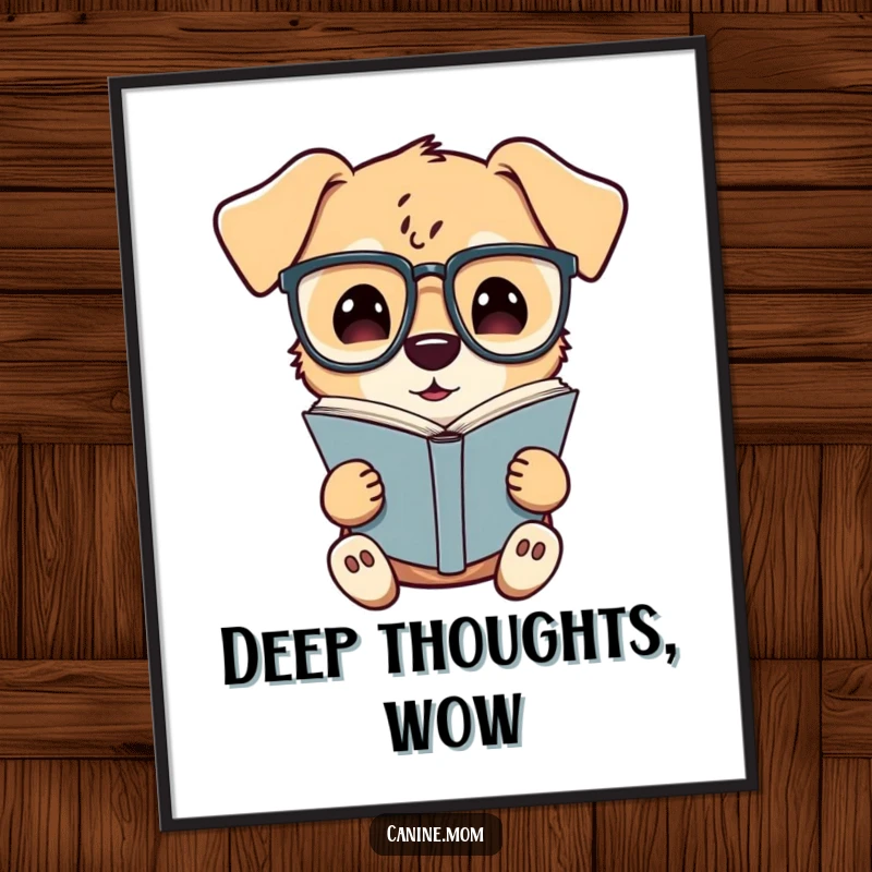 Funny digital art print of a dog with large glasses, intently reading a book, perfect for wall decor and expressing a love for literature.