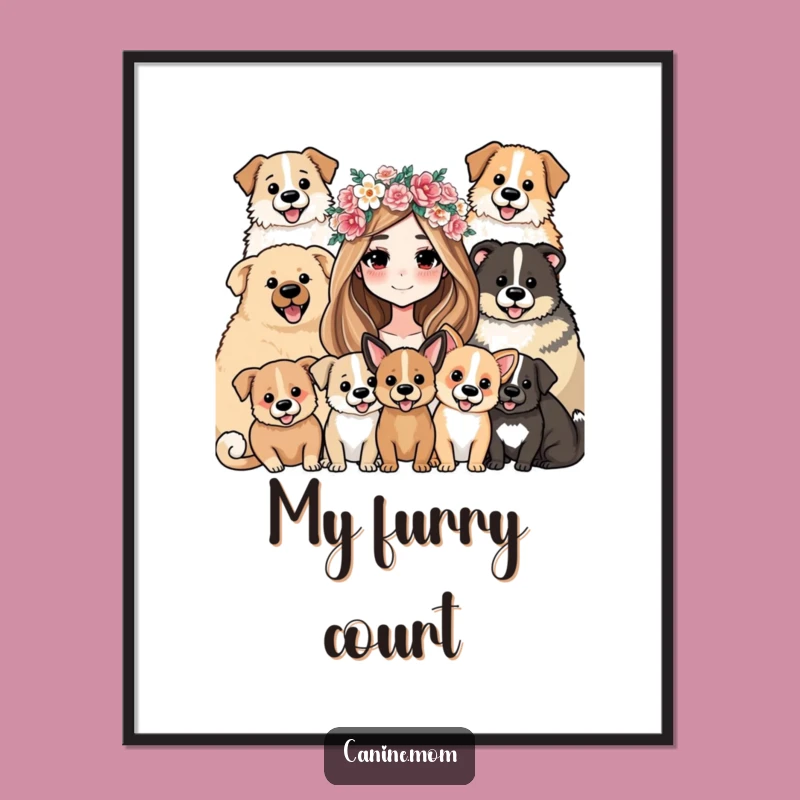 Funny Digital Art Print: Flower Crown Woman Surrounded by Dogs - Instant Download