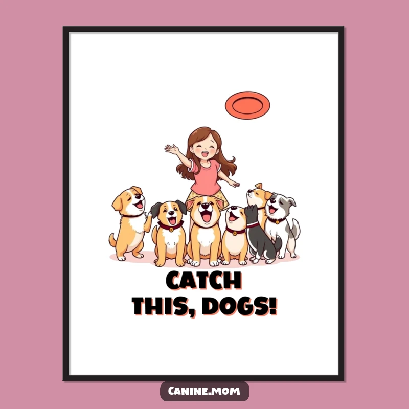 Funny Digital Art Print: Woman Tossing Frisbee for Dogs - Instant Download