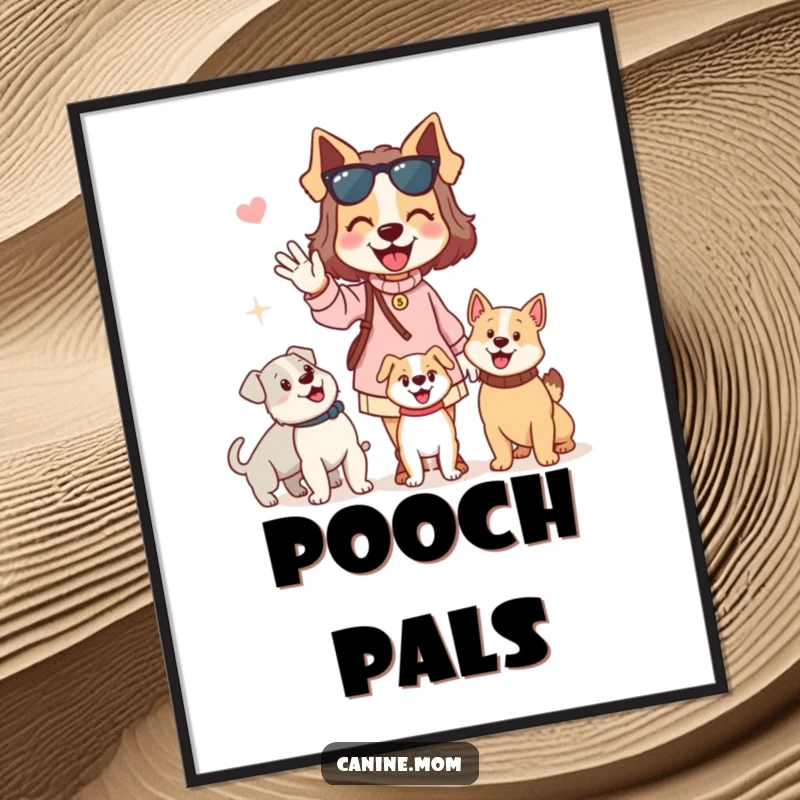 Funny dog lady digital art print of a woman enthusiastically waving hello to passing dogs. High-resolution humorous artwork for instant download.