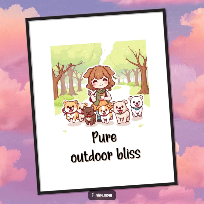 Funny Dog Lady Park Digital Print: Kawaii character in a park with happy dogs running. Instant funny gift for dog lovers.