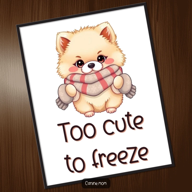 Funny digital art print of a fluffy Pomeranian wearing a scarf and mittens, capturing adorable winter vibes and cozy charm.
