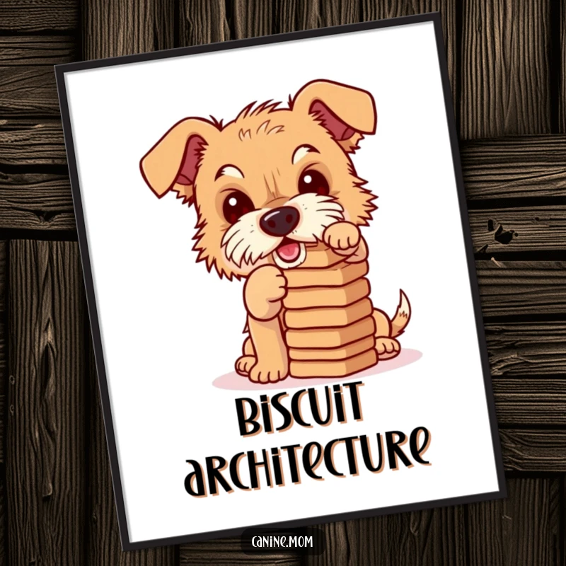 Funny digital art print of a mischievous terrier balancing a stack of dog biscuits, capturing a moment of intense focus and playful challenge.