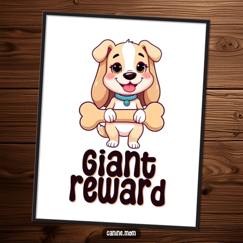 Funny dog lady digital art print of a cheerful woman holding a comically giant dog bone. High-resolution humorous artwork for instant download.