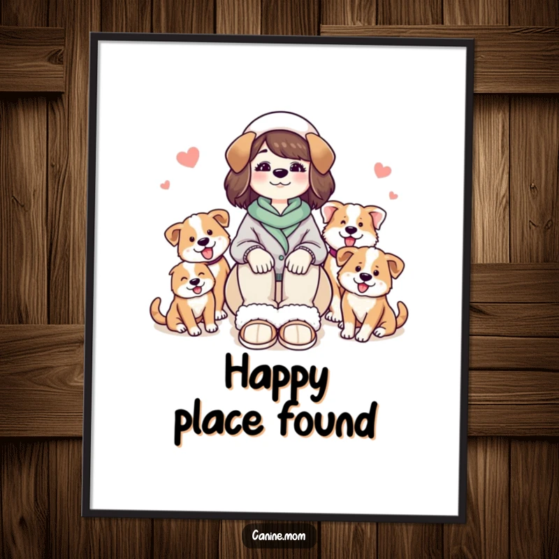 Funny digital art print of a dog lady in cozy slippers, accompanied by a joyful group of affectionate dogs.