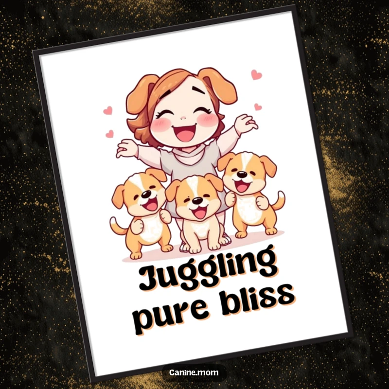 Funny dog lady digital art print gleefully juggling three wagging puppies, perfect for joyful and humorous home decor.