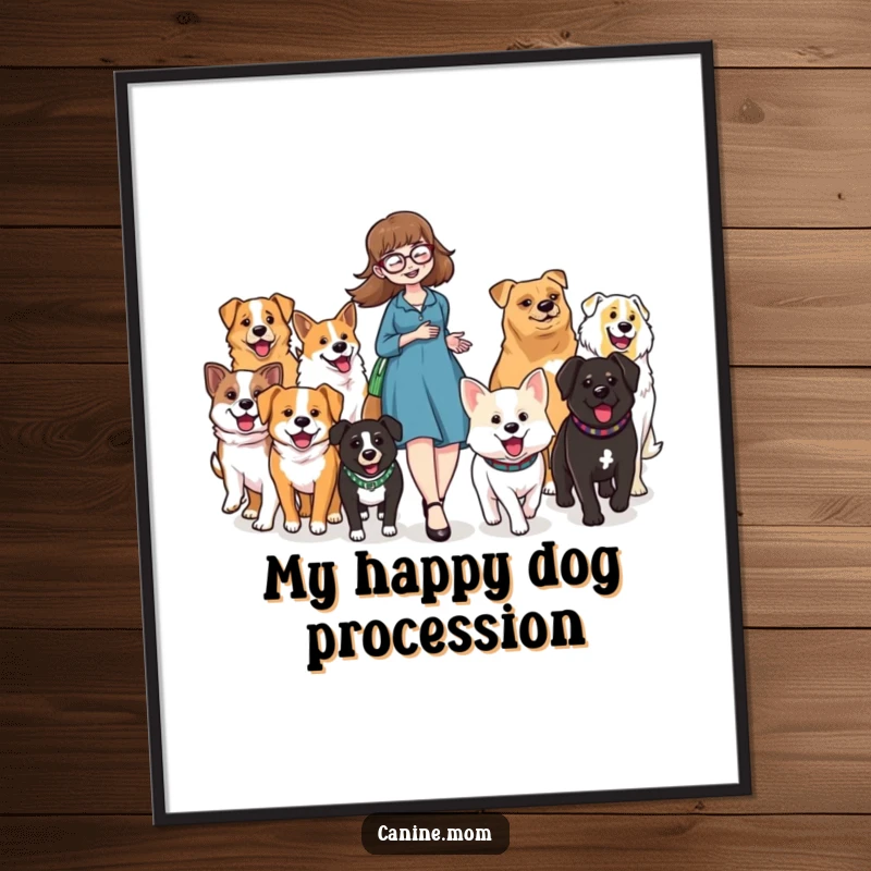 Funny digital art print of a dog lady leading a vibrant parade of happy, diverse dogs, capturing a moment of pure joy.