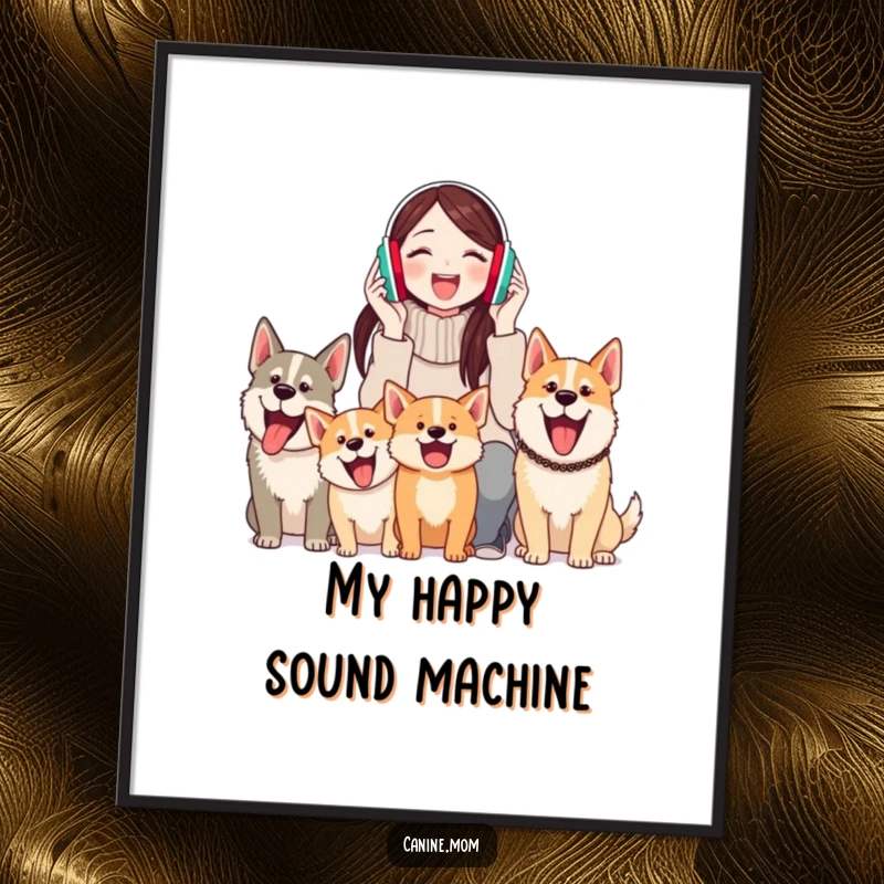 Funny digital art print of a woman in earmuffs, enjoying the sound of barking dogs, a humorous and vibrant piece.