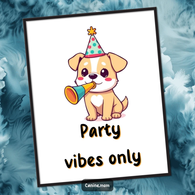Funny digital art print of a dog in a party hat, playing a colorful trumpet with glee, a perfect funny gift.