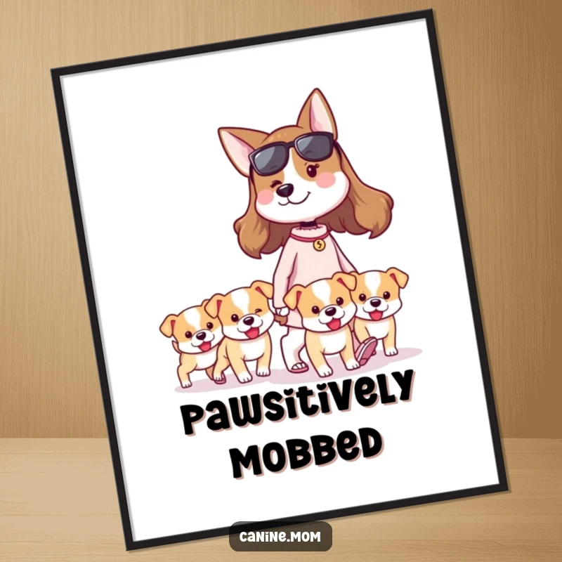 Funny dog lady digital art print of a proud woman walking a group of tiny puppies. High-resolution humorous artwork for instant download.