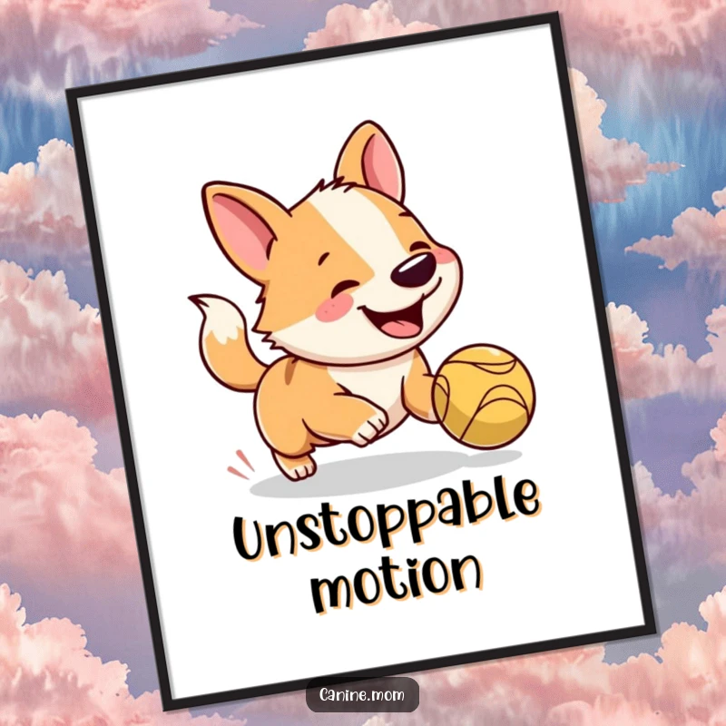 Funny digital art print of an ecstatic dog with a blurred tail, chasing a bouncing ball, radiating pure playful energy.