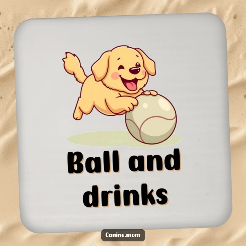 Funny Golden Retriever Coasters: A happy dog playing fetch with a huge ball, designed to protect tabletops with humor.