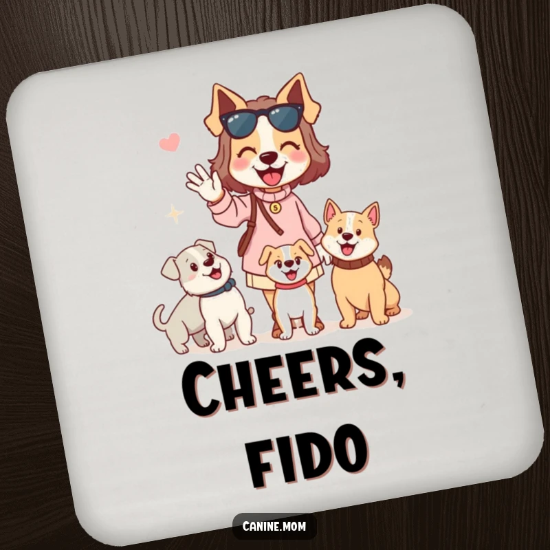 Funny dog lady drink coasters showing a woman enthusiastically waving hello to passing dogs. Protects surfaces with humorous and friendly dog-themed art.