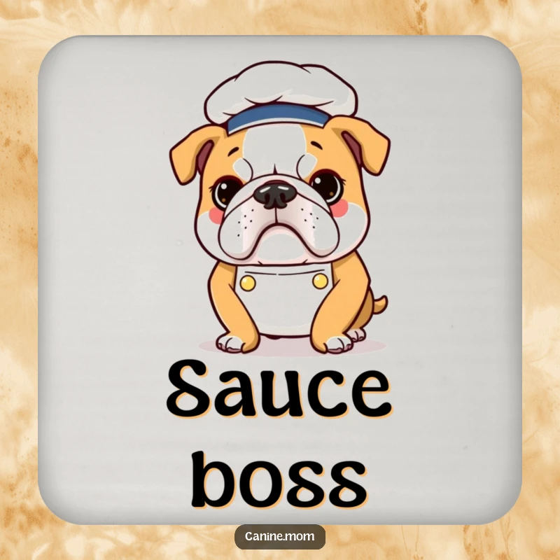 Funny Bulldog Chef Coasters: A determined bulldog in chef attire, designed to protect surfaces with culinary humor.