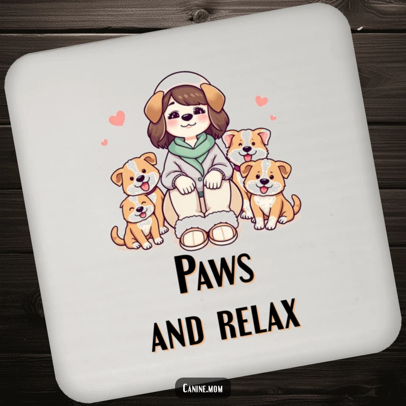 Funny drink coasters featuring a dog lady in slippers, surrounded by adorable and smiling dogs, protecting furniture.