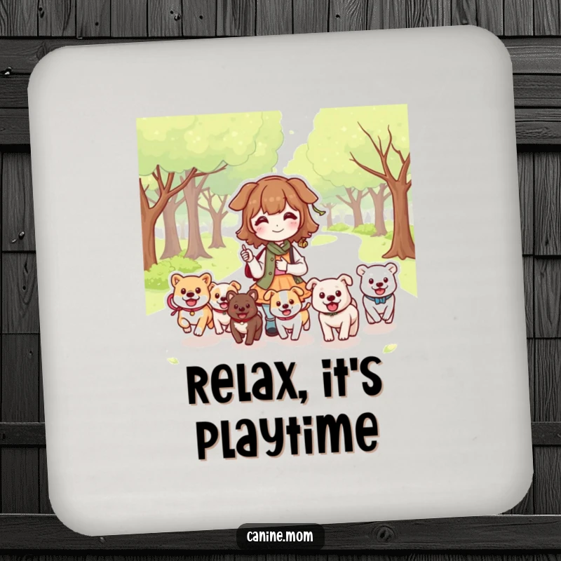 Funny Dog Lady Park Coaster: Kawaii character in a park with happy dogs running. Protects surfaces with fun. Funny gift.