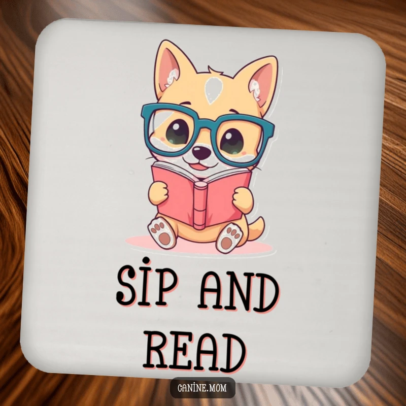 Funny dog drink coaster, showing a cute dog wearing large glasses, intently reading a book, adding humorous literary appeal to any table.